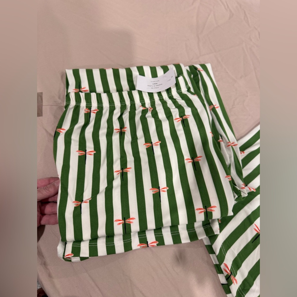kate spade Green and White Striped Short Pajama Set with Coral Trim - Picture 6 of 8